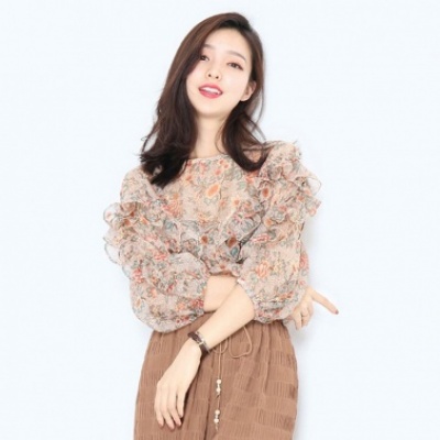 夏装新款女装碎花雪纺衫五分袖短款宽松显瘦上衣仙女百搭小衫